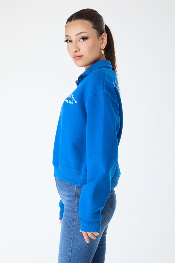 Düz Yarım Balıkçı Yaka Kadın Mavi Yakası Fermuarlı Sweatshirt - 24271