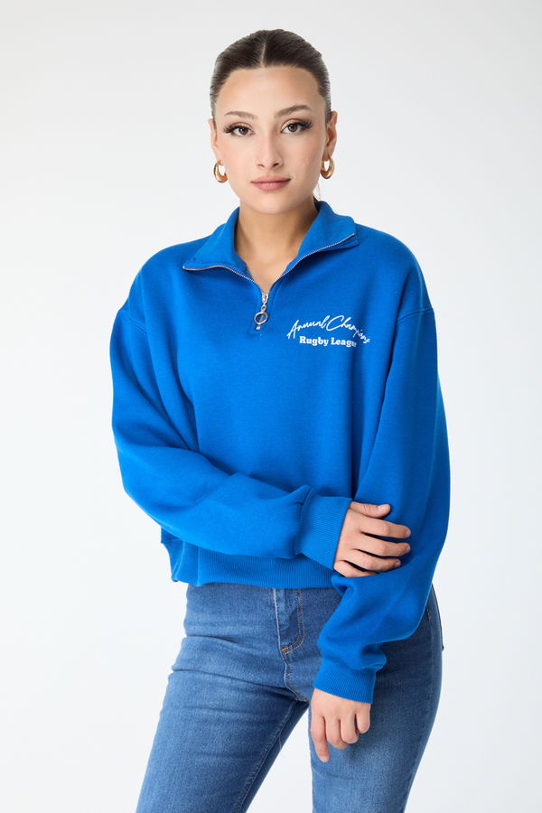 Düz Yarım Balıkçı Yaka Kadın Mavi Yakası Fermuarlı Sweatshirt - 24271