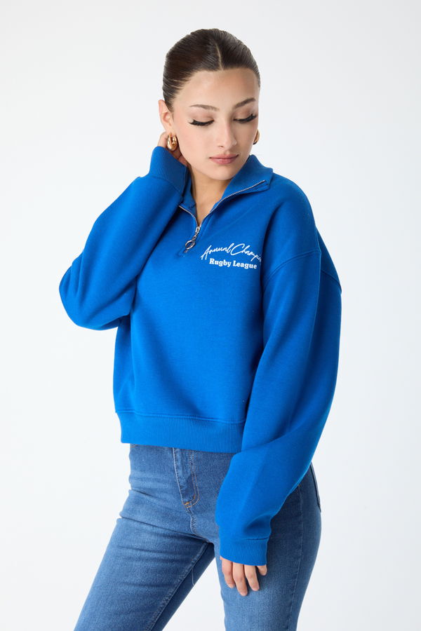 Düz Yarım Balıkçı Yaka Kadın Mavi Yakası Fermuarlı Sweatshirt - 24271