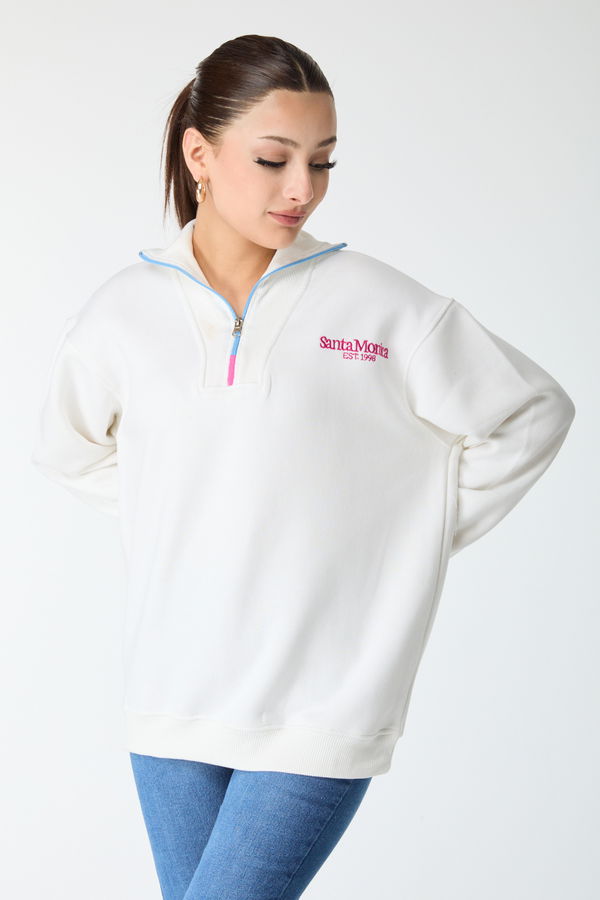 Düz Yarım Balıkçı Yaka Kadın Beyaz Yakası Fermuarlı Sweatshirt - 24273 BEYAZ