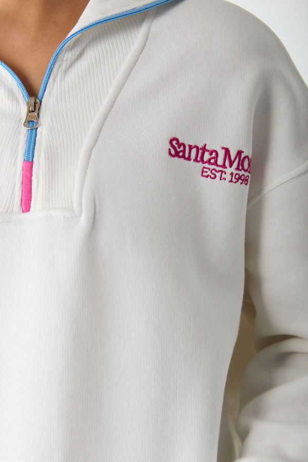 Düz Yarım Balıkçı Yaka Kadın Beyaz Yakası Fermuarlı Sweatshirt - 24273 BEYAZ
