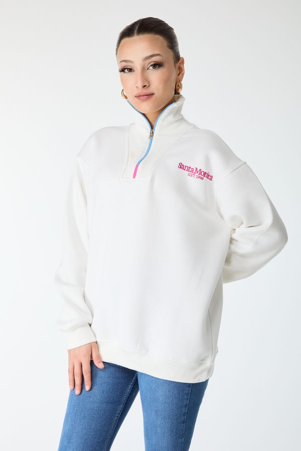 Düz Yarım Balıkçı Yaka Kadın Beyaz Yakası Fermuarlı Sweatshirt - 24273 BEYAZ