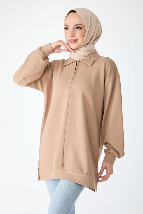 Düz Gömlek Yaka Kadın Bej Tunik - 24280