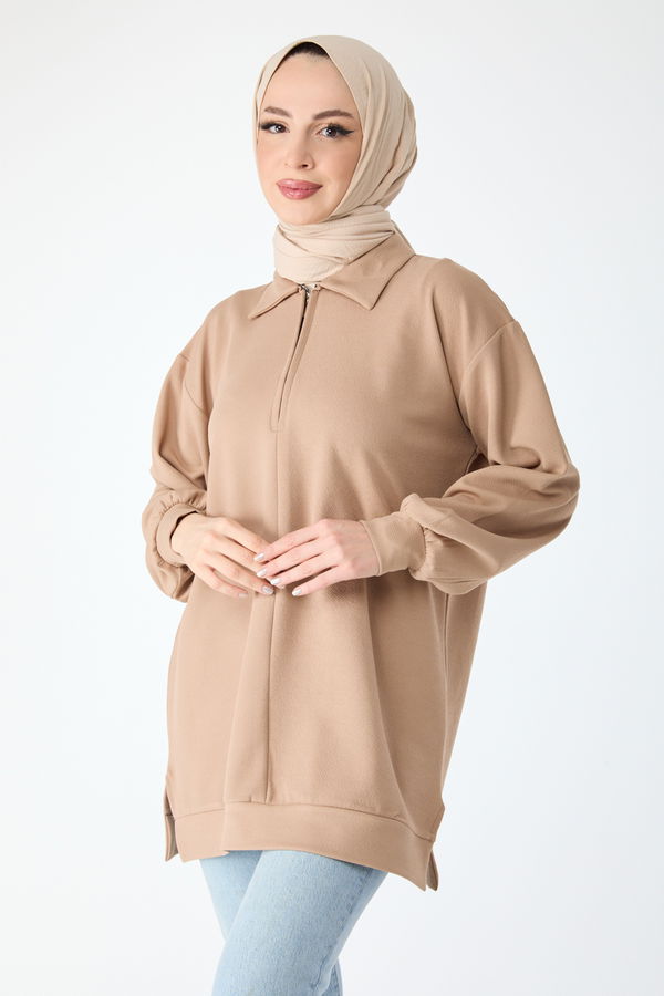 Düz Gömlek Yaka Kadın Bej Tunik - 24280