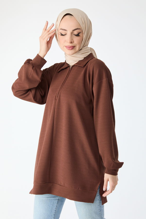 Düz Gömlek Yaka Kadın Kahverengi Tunik - 24280