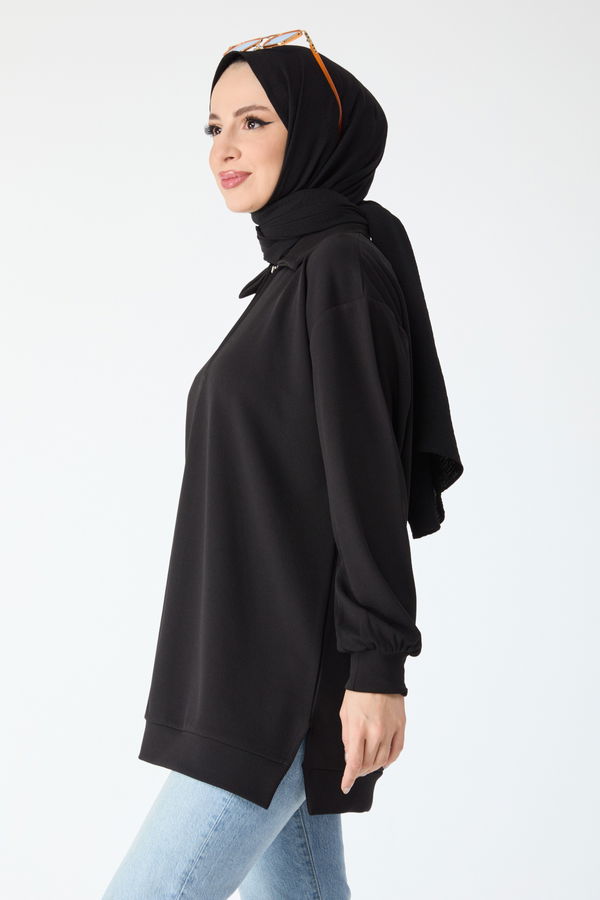 Düz Gömlek Yaka Kadın Siyah Tunik - 24280