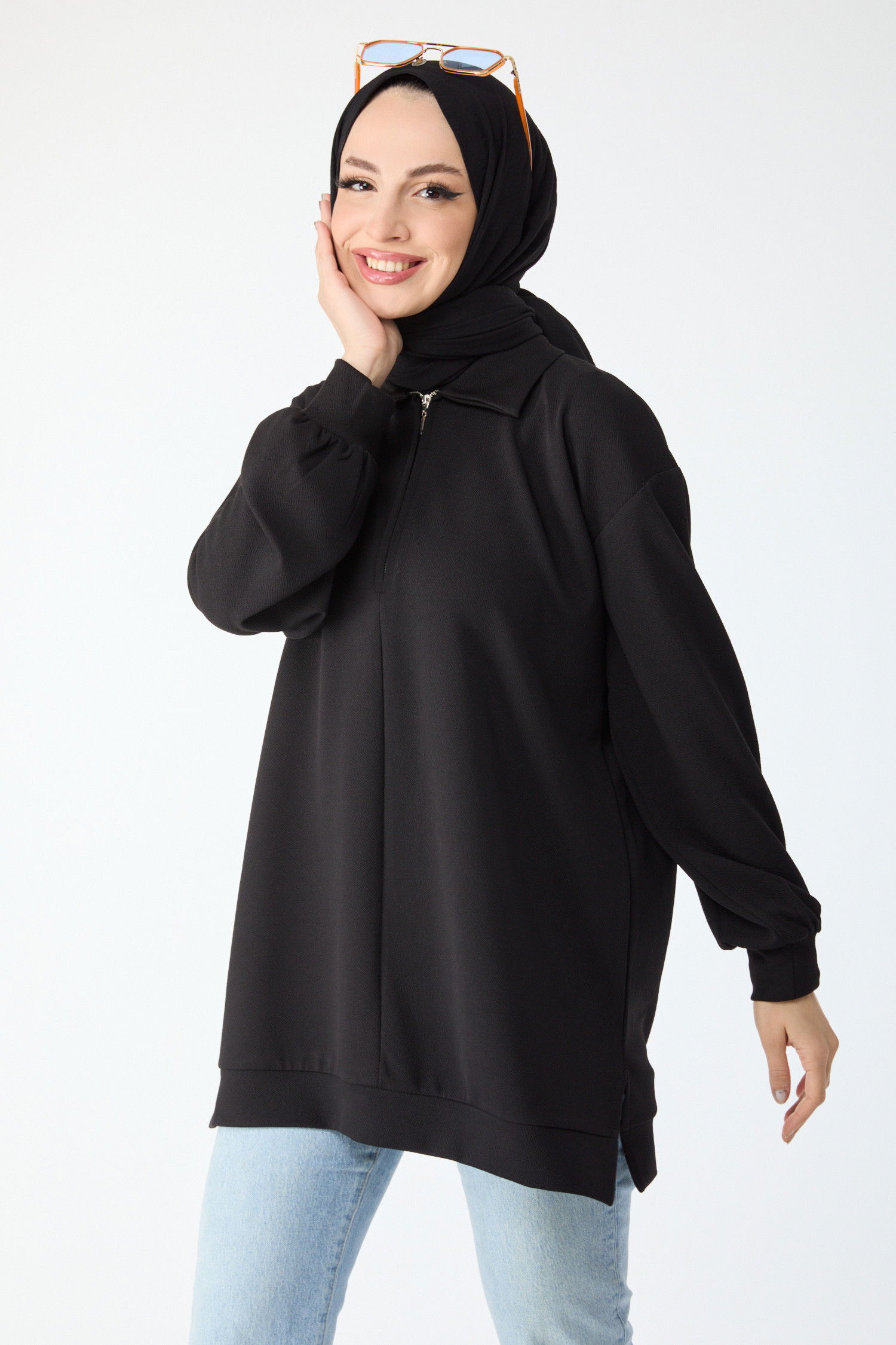 Düz Gömlek Yaka Kadın Siyah Tunik - 24280