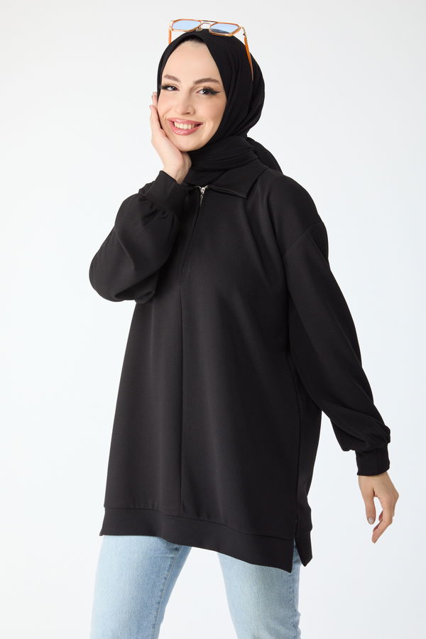 Düz Gömlek Yaka Kadın Siyah Tunik - 24280