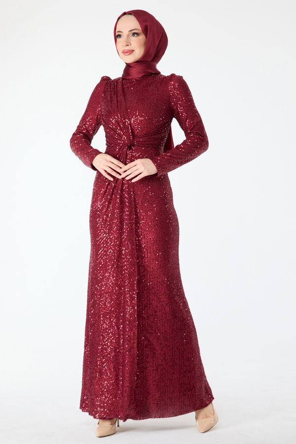 Düz Hakim Yaka Kadın Bordo Abiye Elbise - 24399