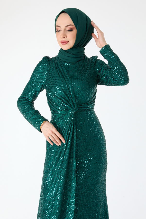 Düz Hakim Yaka Kadın Yeşil Abiye Elbise - 24399 YEŞİL