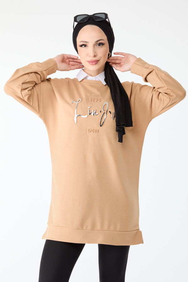 Düz Bisiklet Yaka Kadın Vizon Baskılı Uzun Kollu Sweatshirt - 24423