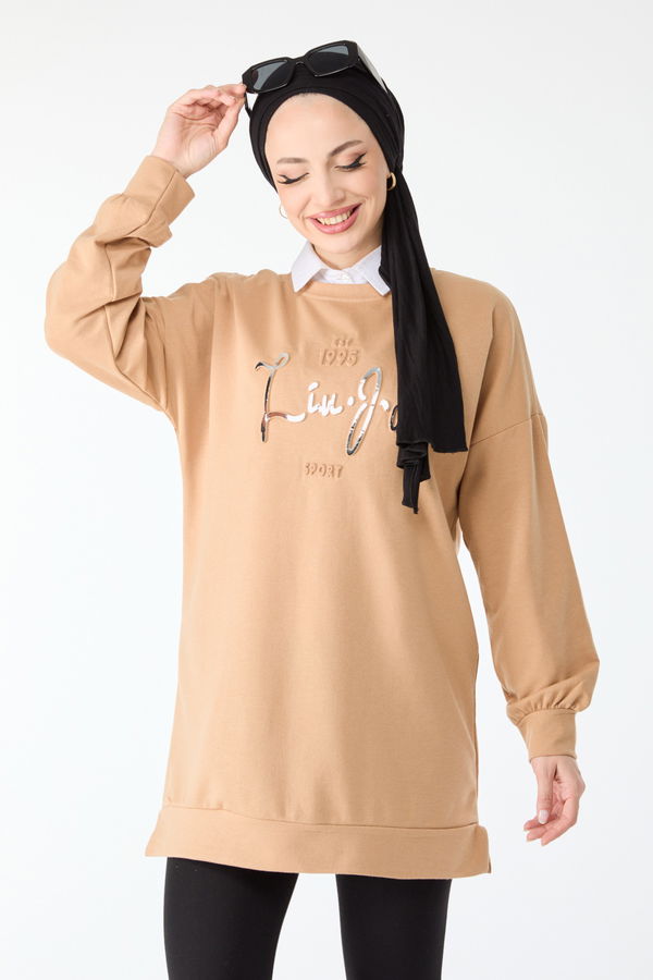 Düz Bisiklet Yaka Kadın Vizon Baskılı Uzun Kollu Sweatshirt - 24423