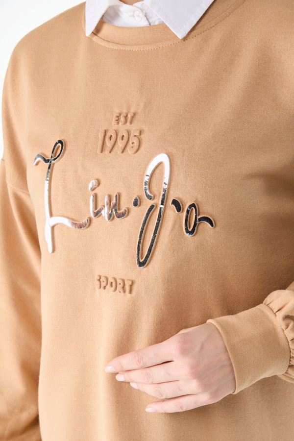 Düz Bisiklet Yaka Kadın Vizon Baskılı Uzun Kollu Sweatshirt - 24423