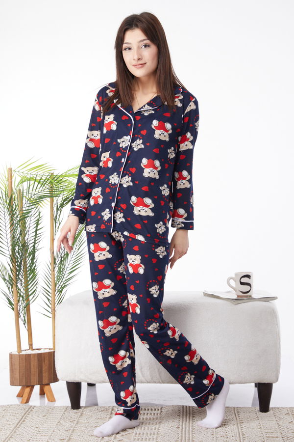 Düz Gömlek Yaka Kadın Lacivert Denenli Pijama Takımı - 24461 LACİVERT
