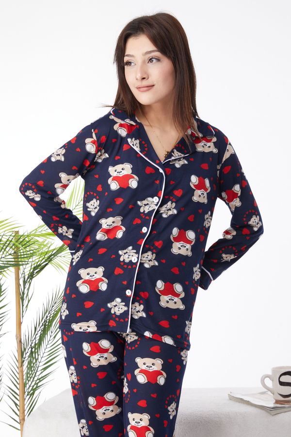 Düz Gömlek Yaka Kadın Lacivert Denenli Pijama Takımı - 24461 LACİVERT
