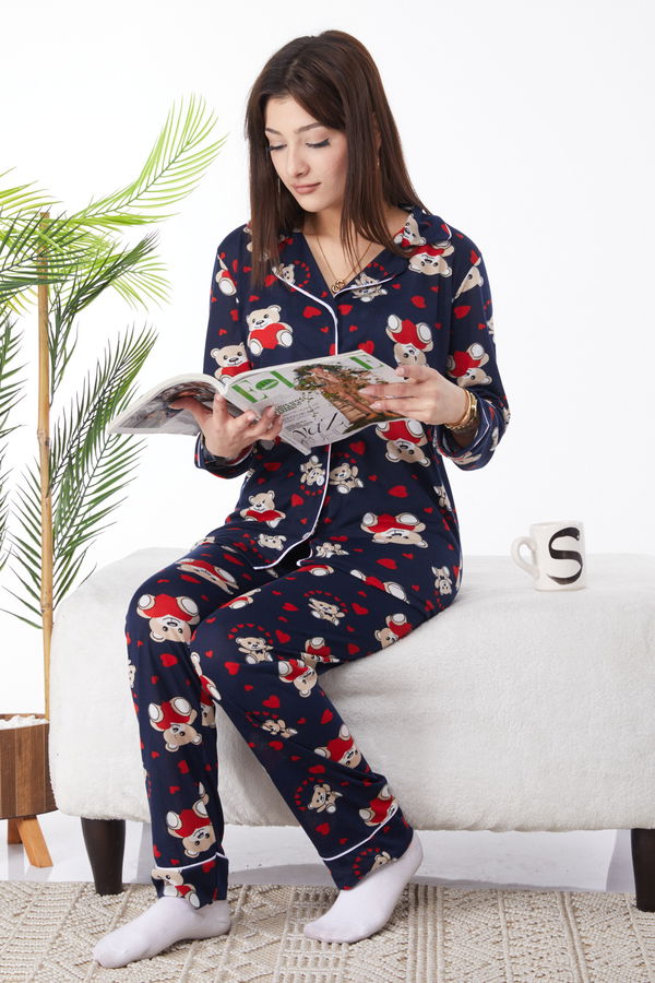Düz Gömlek Yaka Kadın Lacivert Denenli Pijama Takımı - 24461 LACİVERT
