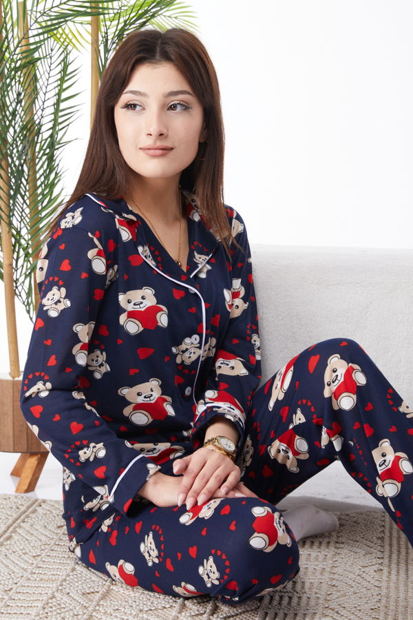 Düz Gömlek Yaka Kadın Lacivert Denenli Pijama Takımı - 24461 LACİVERT