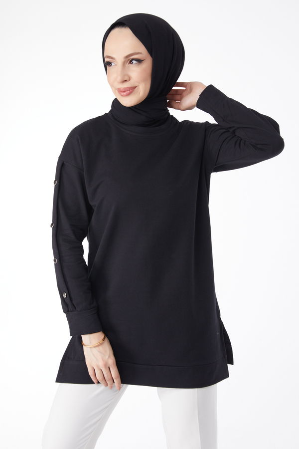 Düz Bisiklet Yaka Kadın Siyah Kolları Düğmeli Sweatshirt - 24610