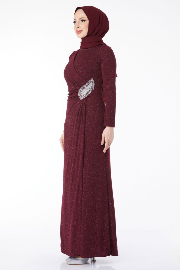 Düz Bisiklet Yaka Kadın Bordo Beli Taş Detaylı Abiye Elbise - 24586 BORDO
