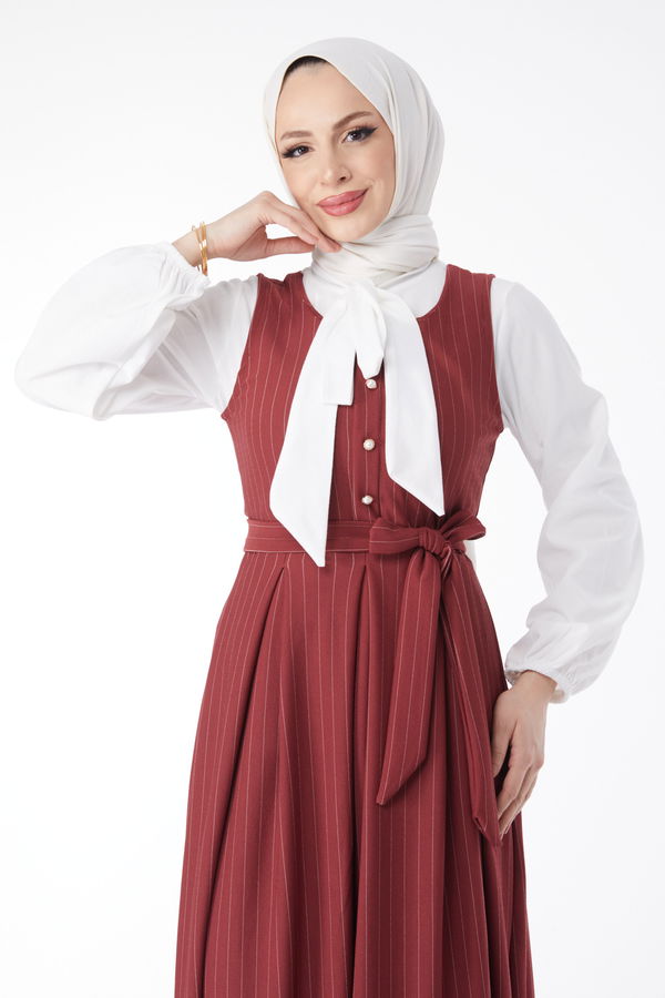 Düz Bisiklet Yaka Kadın Bordo Çİzgili İkili Takım - 24616