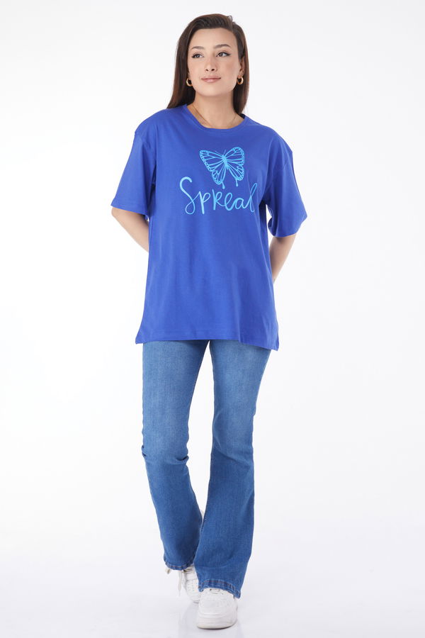 Düz Bisiklet Yaka Kadın Mavi Kısa Kollu Baskılı T-shirt - 24643 MAVİ