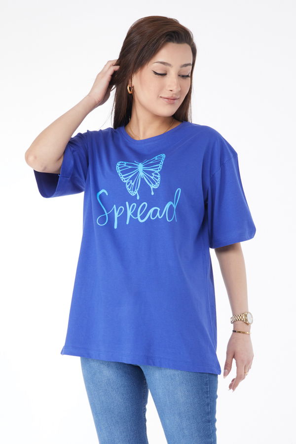 Düz Bisiklet Yaka Kadın Mavi Kısa Kollu Baskılı T-shirt - 24643 MAVİ
