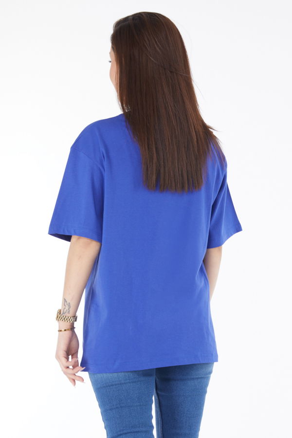 Düz Bisiklet Yaka Kadın Mavi Kısa Kollu Baskılı T-shirt - 24643 MAVİ