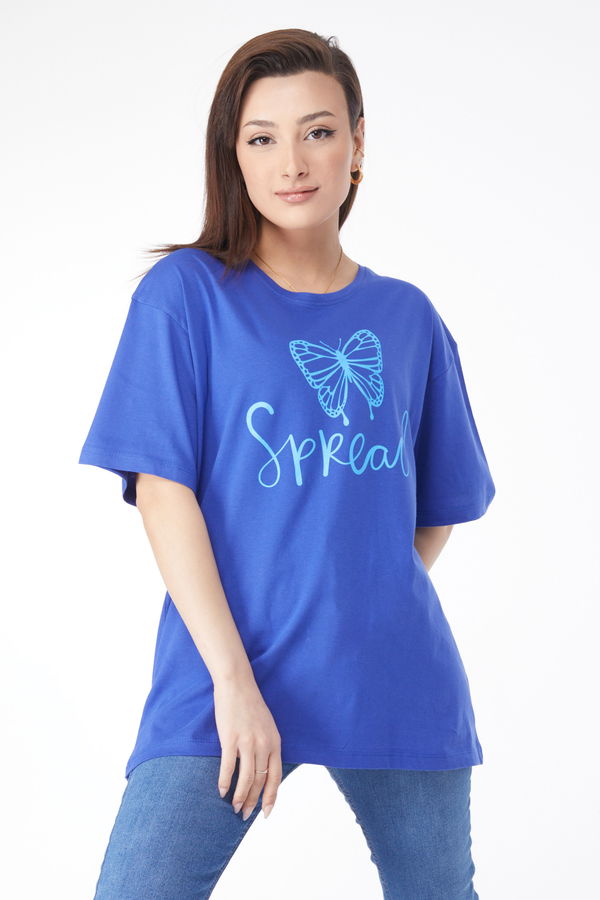 Düz Bisiklet Yaka Kadın Mavi Kısa Kollu Baskılı T-shirt - 24643 MAVİ