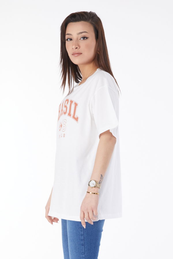 Düz Bisiklet Yaka Kadın Beyaz Kısa Kollu Baskılı T-shirt - 24647