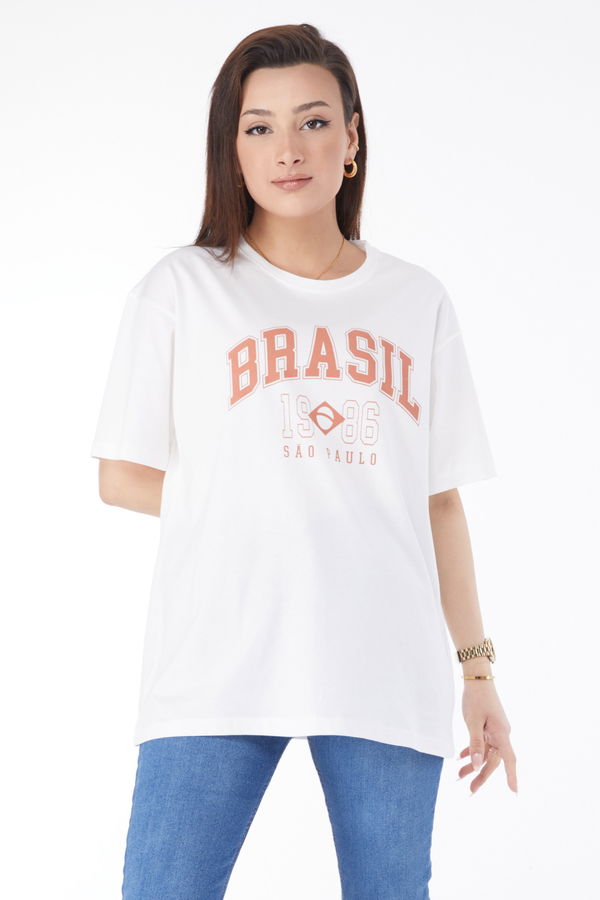 Düz Bisiklet Yaka Kadın Beyaz Kısa Kollu Baskılı T-shirt - 24647