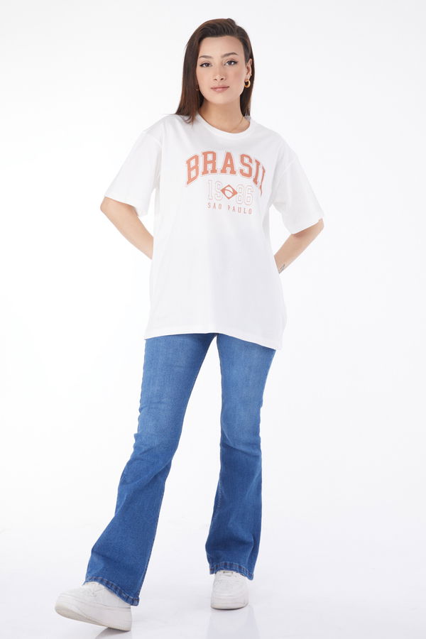 Düz Bisiklet Yaka Kadın Beyaz Kısa Kollu Baskılı T-shirt - 24647