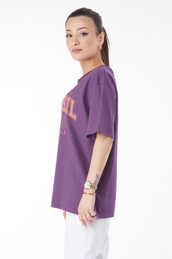 Düz Bisiklet Yaka Kadın Mor Kısa Kollu Baskılı T-shirt - 24647