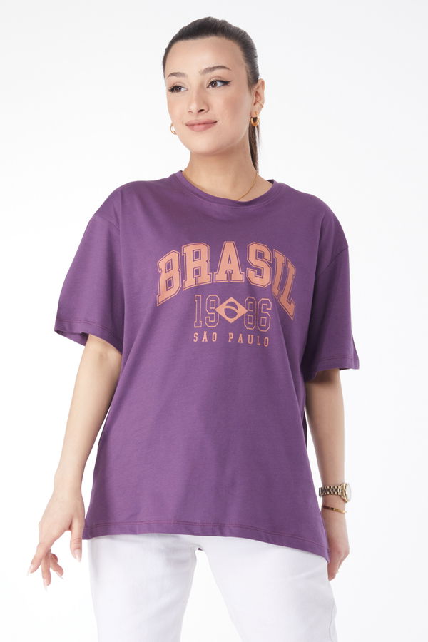 Düz Bisiklet Yaka Kadın Mor Kısa Kollu Baskılı T-shirt - 24647