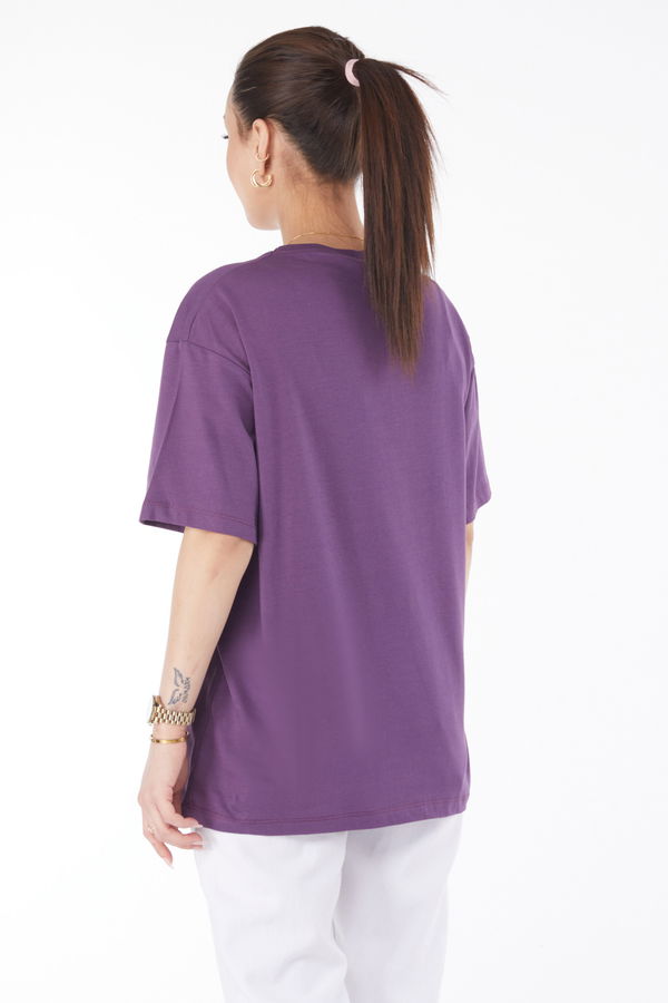 Düz Bisiklet Yaka Kadın Mor Kısa Kollu Baskılı T-shirt - 24647