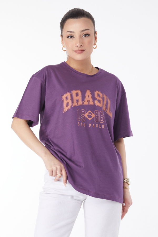Düz Bisiklet Yaka Kadın Mor Kısa Kollu Baskılı T-shirt - 24647
