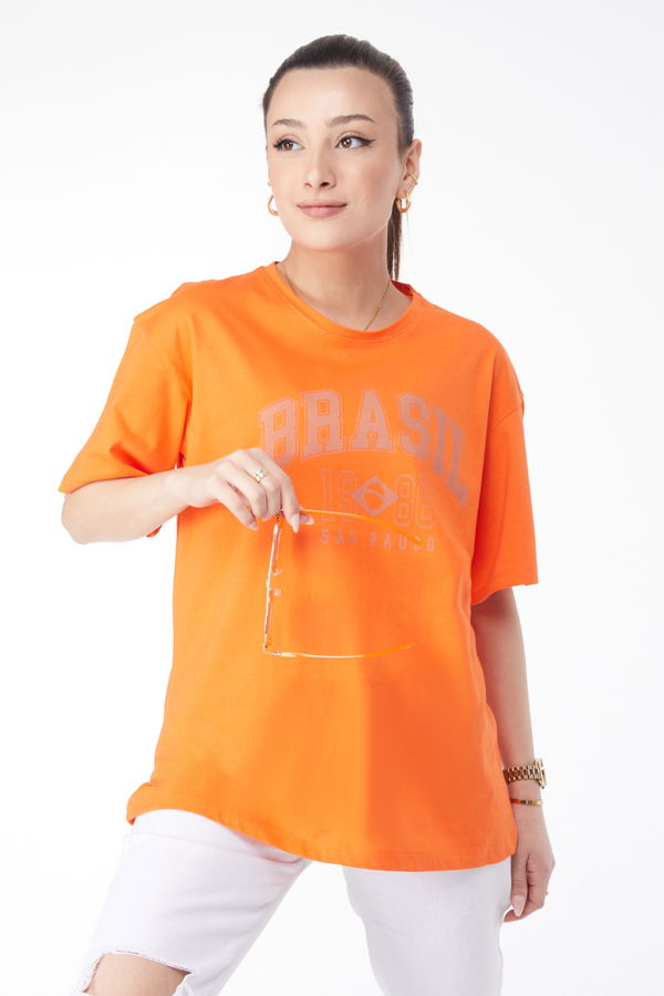 Düz Bisiklet Yaka Kadın Turuncu Kısa Kollu Baskılı T-shirt - 24647