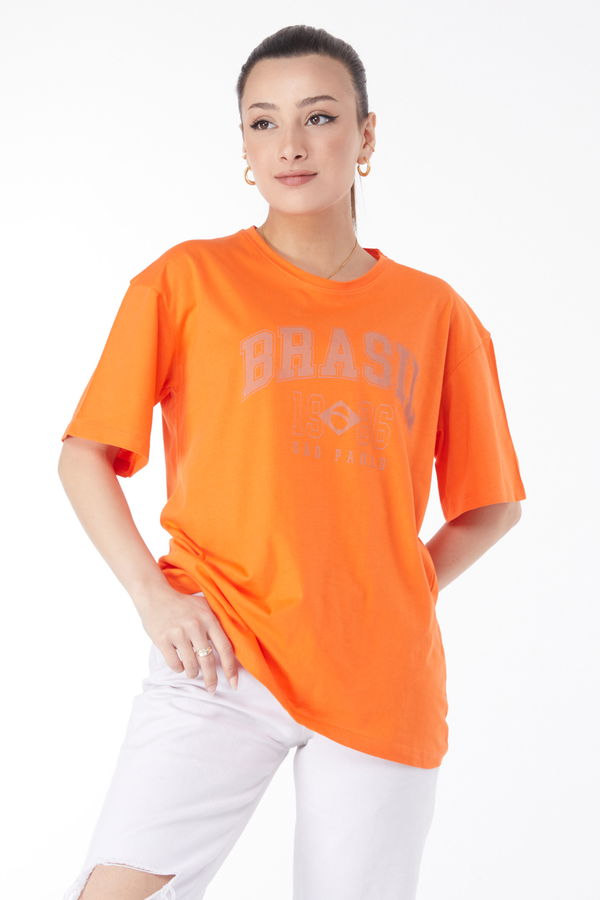 Düz Bisiklet Yaka Kadın Turuncu Kısa Kollu Baskılı T-shirt - 24647