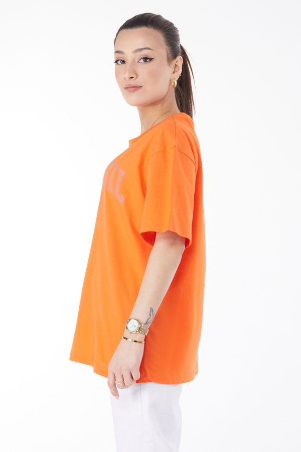 Düz Bisiklet Yaka Kadın Turuncu Kısa Kollu Baskılı T-shirt - 24647