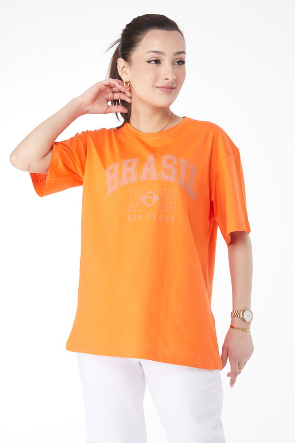 Düz Bisiklet Yaka Kadın Turuncu Kısa Kollu Baskılı T-shirt - 24647