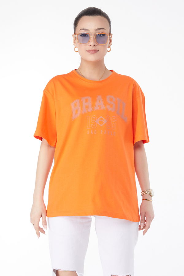 Düz Bisiklet Yaka Kadın Turuncu Kısa Kollu Baskılı T-shirt - 24647