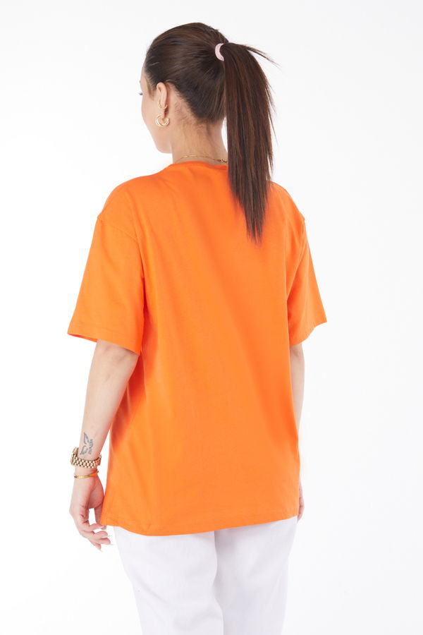 Düz Bisiklet Yaka Kadın Turuncu Kısa Kollu Baskılı T-shirt - 24647
