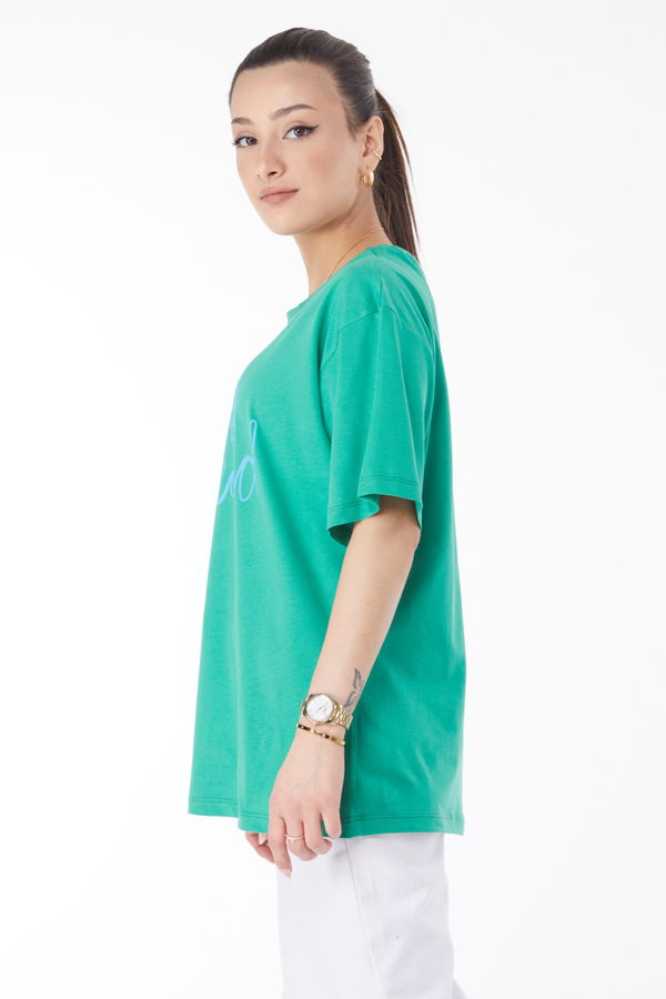 Düz Bisiklet Yaka Kadın Yeşil Kısa Kollu Baskılı T-shirt - 24643