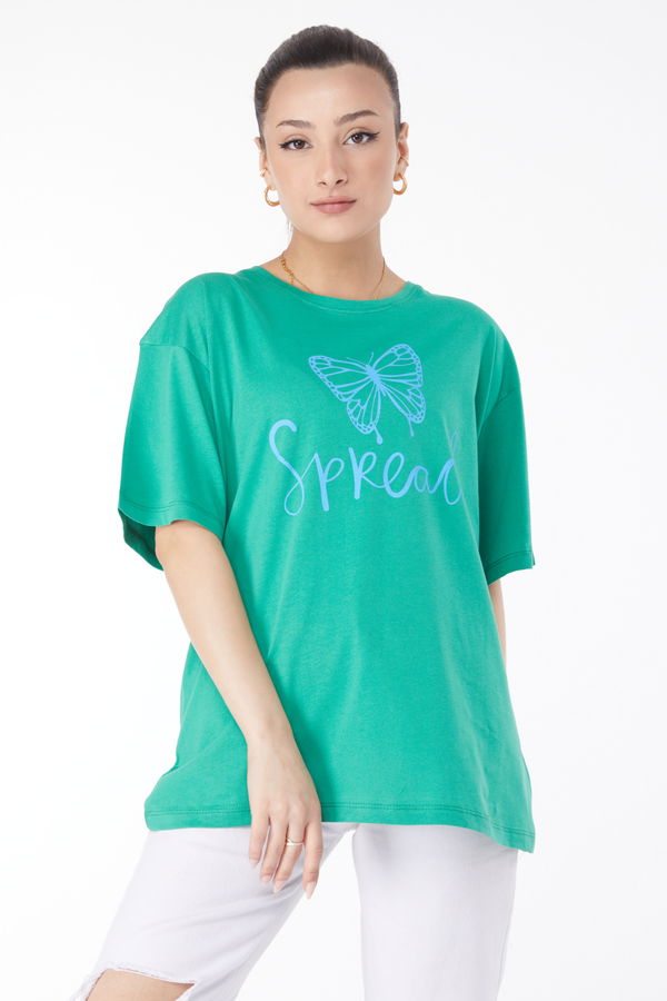 Düz Bisiklet Yaka Kadın Yeşil Kısa Kollu Baskılı T-shirt - 24643
