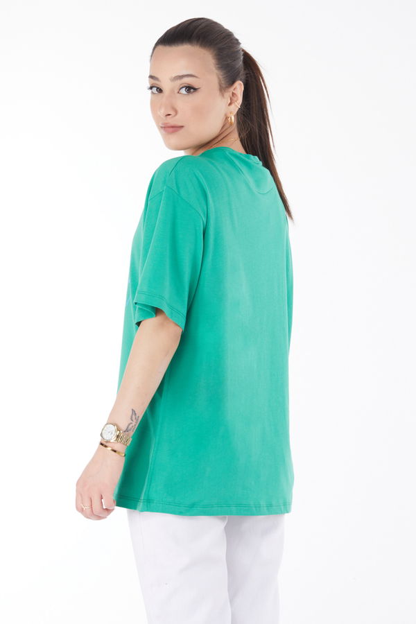 Düz Bisiklet Yaka Kadın Yeşil Kısa Kollu Baskılı T-shirt - 24643