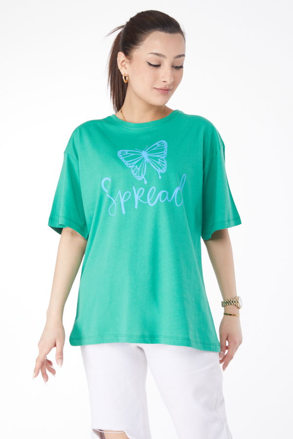Düz Bisiklet Yaka Kadın Yeşil Kısa Kollu Baskılı T-shirt - 24643