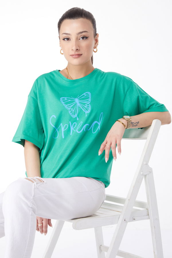 Düz Bisiklet Yaka Kadın Yeşil Kısa Kollu Baskılı T-shirt - 24643