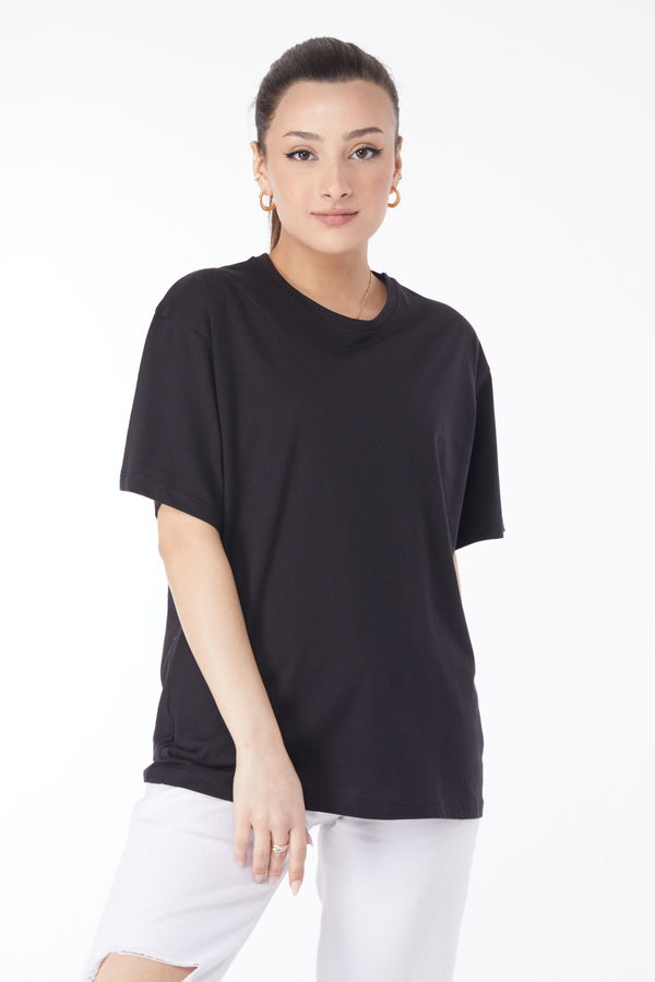 Düz Bisiklet Yaka Kadın Siyah Kısa Kollu T-shirt - 24654
