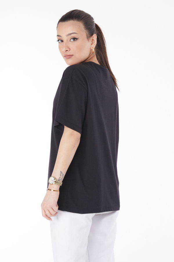 Düz Bisiklet Yaka Kadın Siyah Kısa Kollu T-shirt - 24654