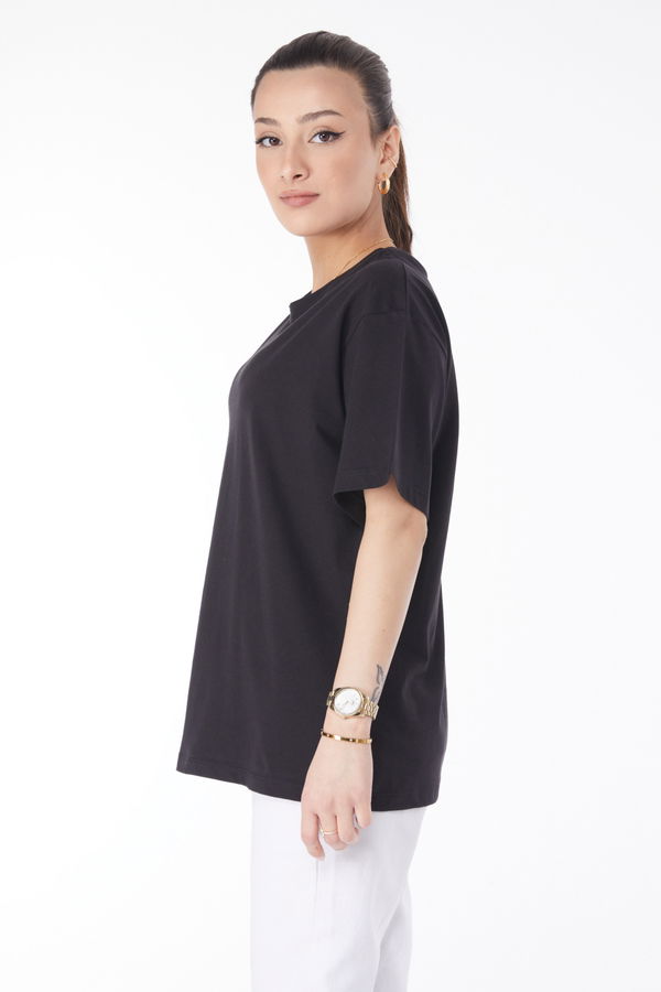 Düz Bisiklet Yaka Kadın Siyah Kısa Kollu T-shirt - 24654