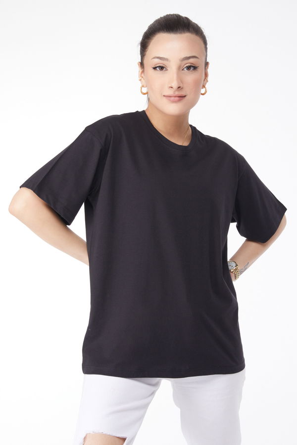 Düz Bisiklet Yaka Kadın Siyah Kısa Kollu T-shirt - 24654